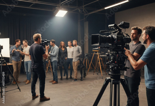  A filmmaker directing a scene on a movie set (Entertainment). 