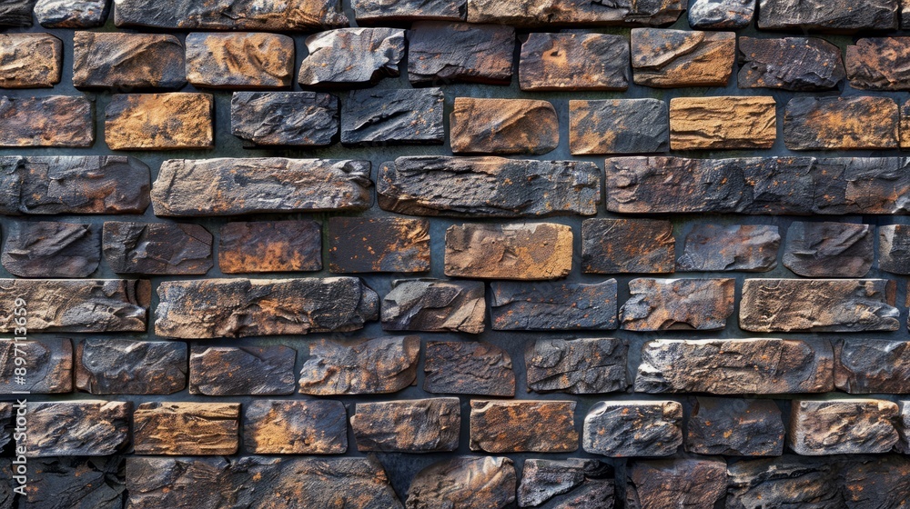An upclose view of a weathered brick wall displaying varying sizes of bricks in a random pattern An upclose view of a weathered brick wall displaying varying sizes of bricks in a random pattern