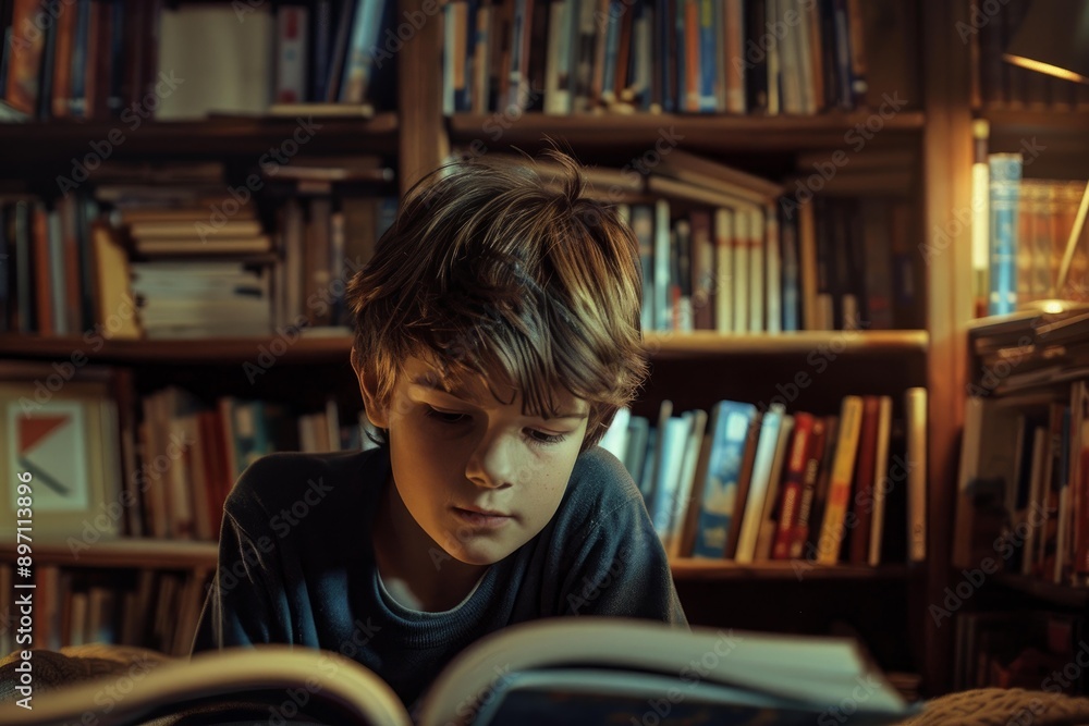 Young boy is enjoying a book, surrounded by shelves full of literature in his home library Young boy is enjoying a book, surrounded by shelves full of literature in his home library