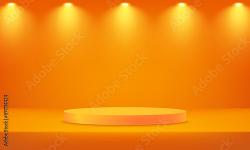 Empty orange and yellow studio room background. Orange background vector 3d with yellow podium. Space for selling products on the website. Empty room with spotlight effect. Vector illustration.