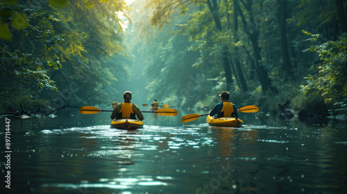 Wallpaper Mural Kayakers navigating a serene river through a forested landscape. Torontodigital.ca