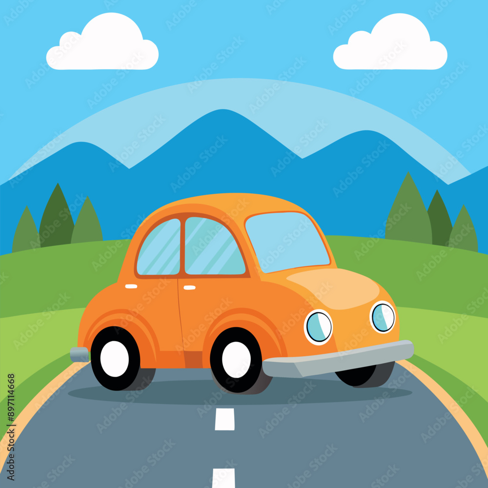 road trip in the spring. A charming vehicle driving through a landscape. Flat-style vector illustration road trip in the spring. A charming vehicle driving through a landscape. Flat-style vector illustration