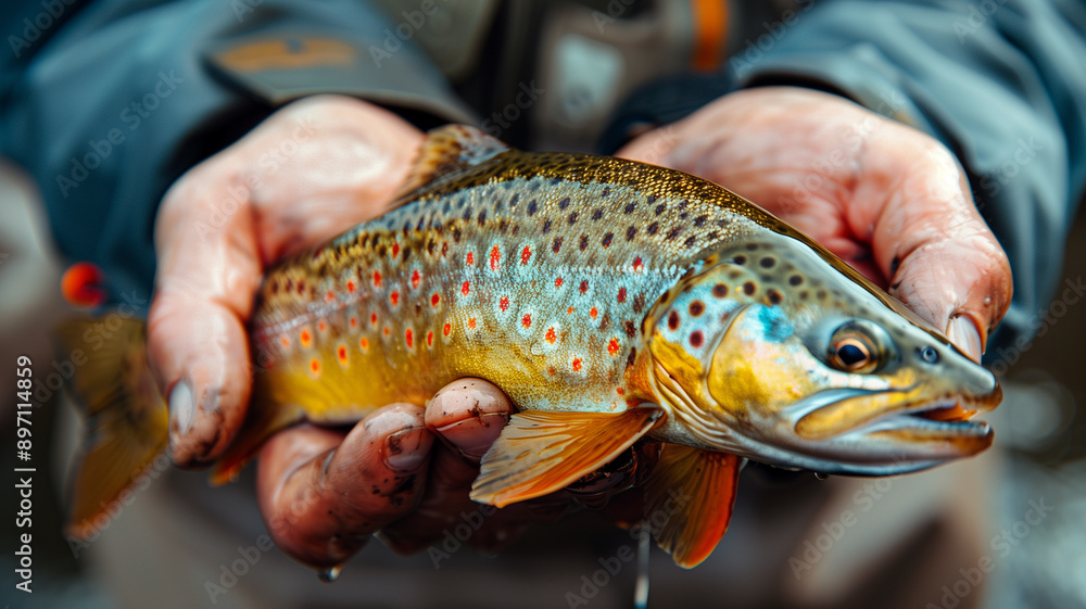 Close up of a freshly caught brown trout held by angler Close up of a freshly caught brown trout held by angler