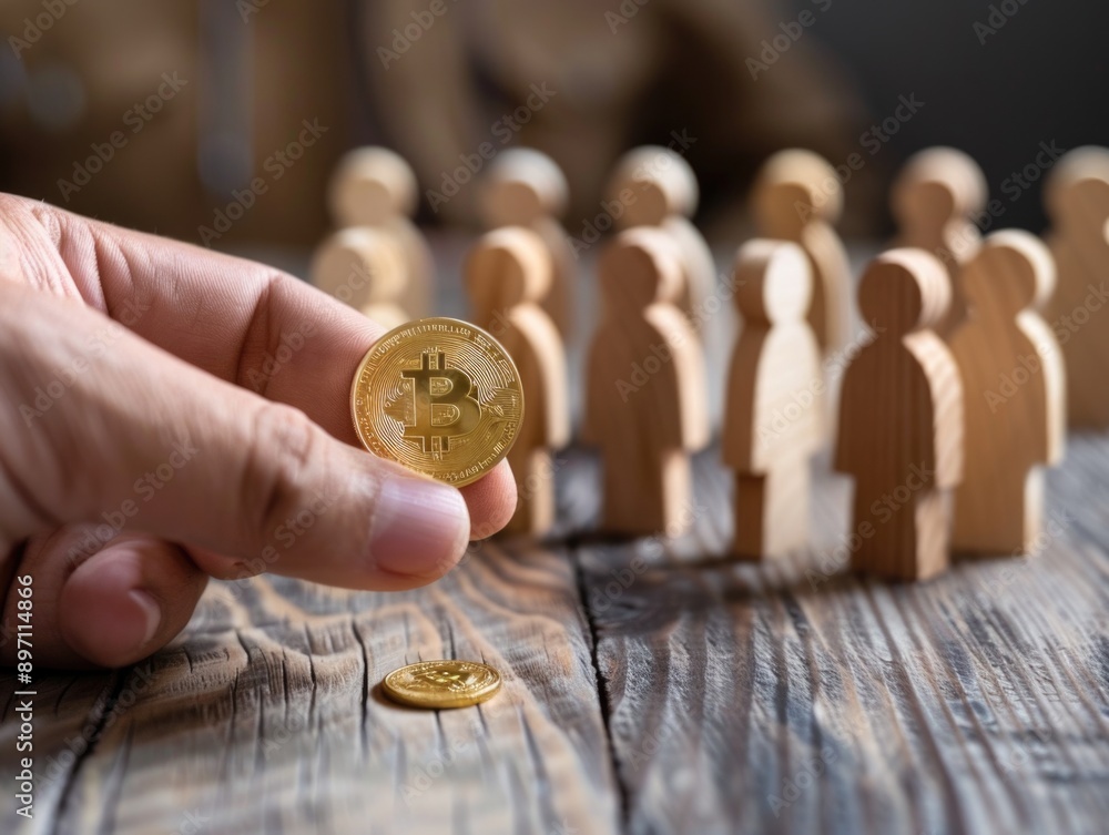 Fototapeta premium A person holding a bitcoin in front of a group, useful for financial or tech-related concepts