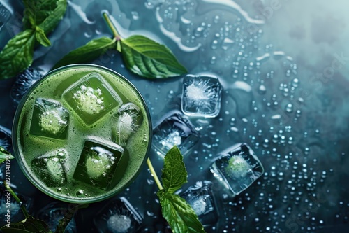 Green Drink with Ice Cubes and Mint Leaves