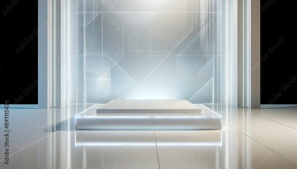 Fototapeta premium Modern acrylic podium in a sleek space, cool whites and grays palette. Innovative settings featuring a transparent podium, perfect for futuristic product displays.