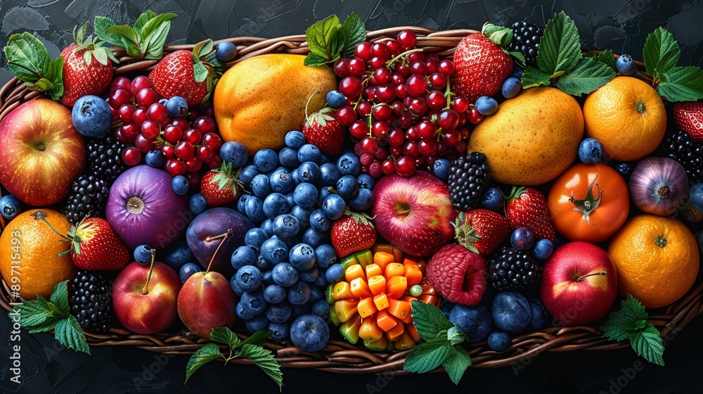 Assorted fruits and vegetables in a basket psychedelic vibrant colors intricate detail Assorted fruits and vegetables in a basket psychedelic vibrant colors intricate detail