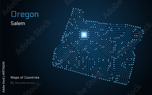 Oregon Map with a capital of Salem Shown in a Microchip Pattern. Silicon valley, E-government. United States vector maps. Microchip Series	
