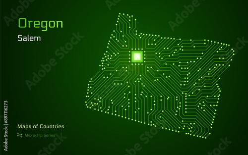 Oregon Map with a capital of Salem Shown in a Microchip Pattern. Silicon valley, E-government. United States vector maps. Microchip Series	
