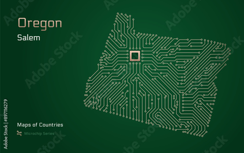 Oregon Map with a capital of Salem Shown in a Microchip Pattern. Silicon valley, E-government. United States vector maps. Microchip Series	
