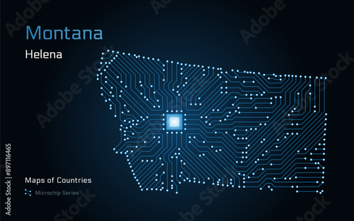 Montana Map with a capital of Helena Shown in a Microchip Pattern. Silicon valley, E-government. United States vector maps. Microchip Series	

