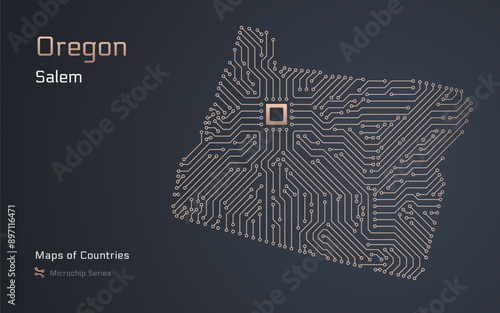 Oregon Map with a capital of Salem Shown in a Microchip Pattern. Silicon valley, E-government. United States vector maps. Microchip Series	
