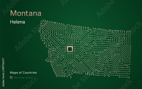 Montana Map with a capital of Helena Shown in a Microchip Pattern. Silicon valley, E-government. United States vector maps. Microchip Series	

