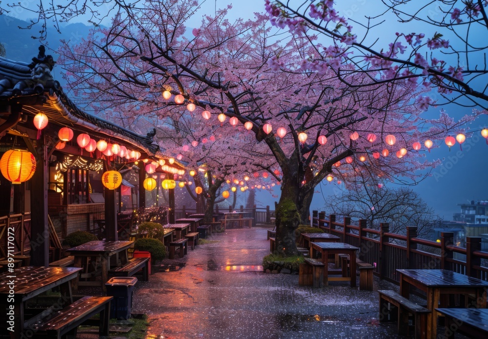 Cherry blossoms illuminated by soft lantern light during an evening festival Cherry blossoms illuminated by soft lantern light during an evening festival