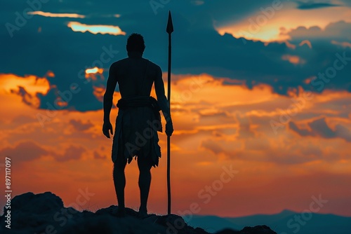 ai generative silhouette of an ancient man holding a spear at sunset