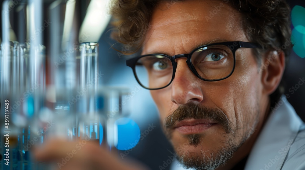 A scientist examines a test tube filled with liquid in a laboratory A scientist examines a test tube filled with liquid in a laboratory
