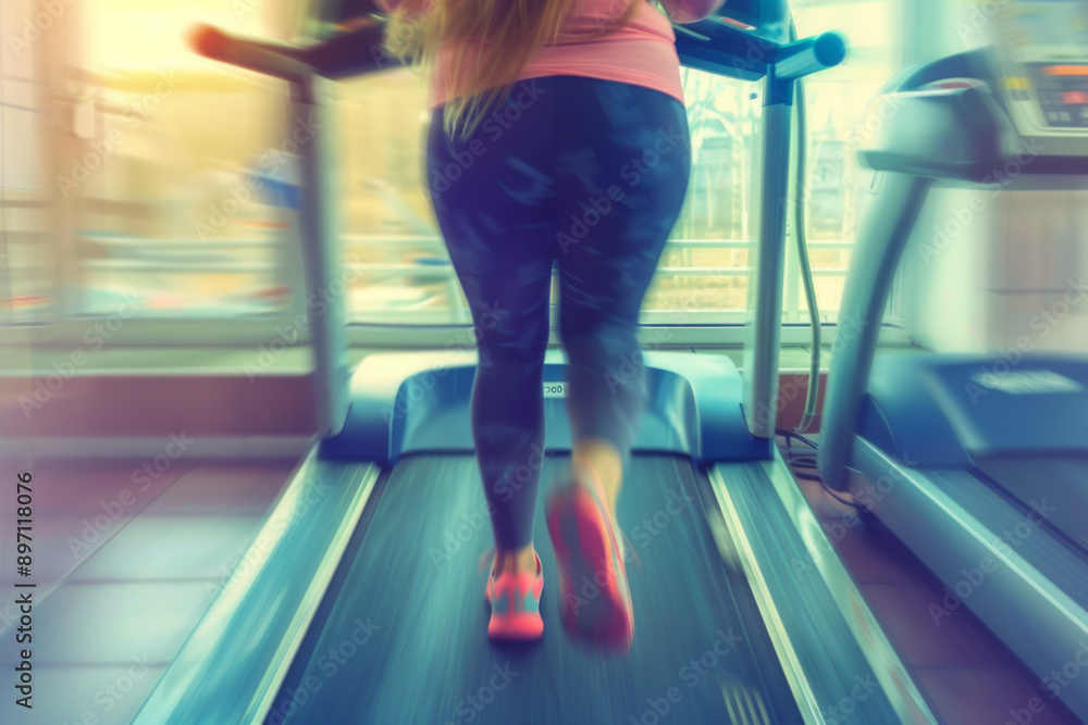 Fototapeta premium Overweight woman runs on treadmill in gym, motion blur effect