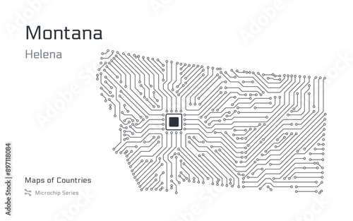 Montana Map with a capital of Helena Shown in a Microchip Pattern. Silicon valley, E-government. United States vector maps. Microchip Series	
