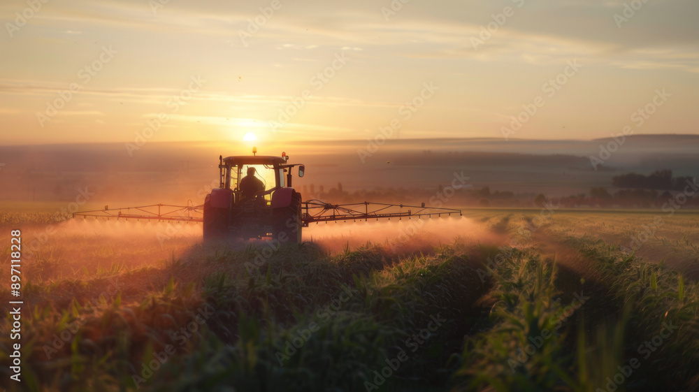 Naklejka premium Tractor spraying pesticides in morning on soybean field