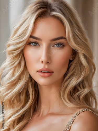 Beautiful model girl with short hair. Beauty blonde woman with blonde curly hairstyle. Fashion portrait closeup clean skin, facial and cosmetics and makeup concept. Gorgeous female. AI generated