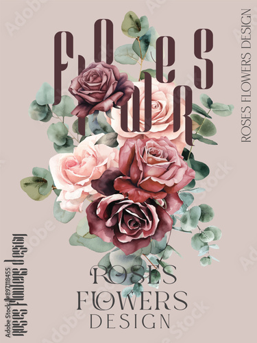 Card template with painting of burgundy and pink roses with eucalyptus leaves.