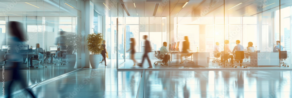 © Poramet - Abstract blurred business environment with blue and orange hues dynamic white glass office interior with corporate professionals © Poramet - Abstract blurred business environment with blue and orange hues dynamic white glass office interior with corporate professionals