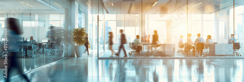 Abstract blurred business environment with blue and orange hues dynamic white glass office interior with corporate professionals