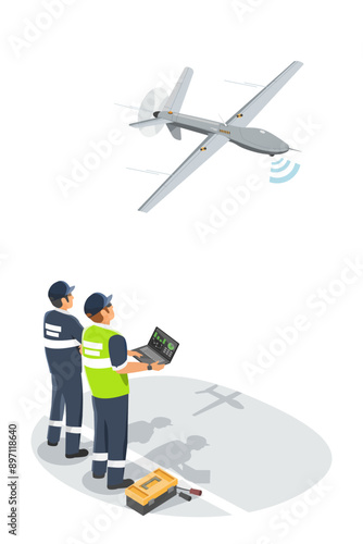 UAV unmanned system engineer test flight aerial robot airplane dron for scaning forecast isometric isolated industrial concept illustration