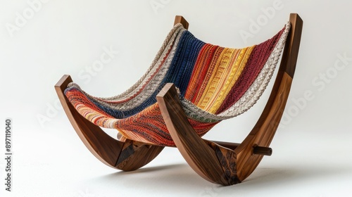 A unique, hammock-style chair with a bohemian design, featuring a colorful, woven fabric and a sturdy wooden frame, against a natural white background