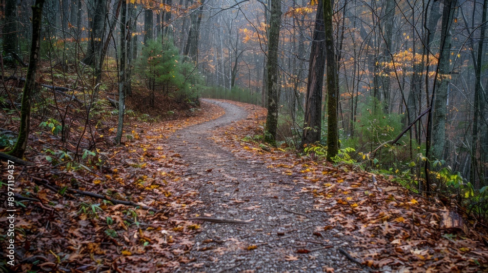 On this misty autumn day, we followed the winding forest trail as the leaves gently fell around us On this misty autumn day, we followed the winding forest trail as the leaves gently fell around us
