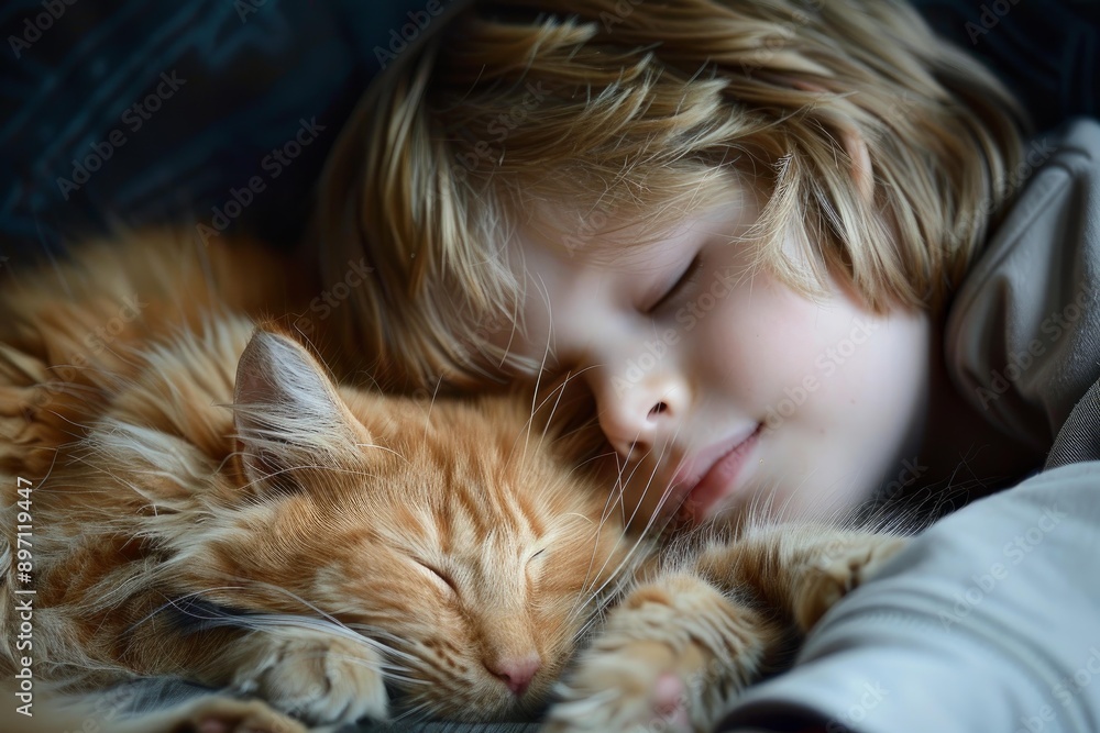 Young boy is sleeping soundly with his ginger cat, both appearing peaceful and content Young boy is sleeping soundly with his ginger cat, both appearing peaceful and content