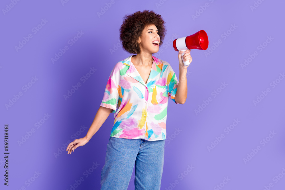 Photo portrait of pretty young girl announce megaphone wear trendy colorful outfit isolated on purple color background Photo portrait of pretty young girl announce megaphone wear trendy colorful outfit isolated on purple color background