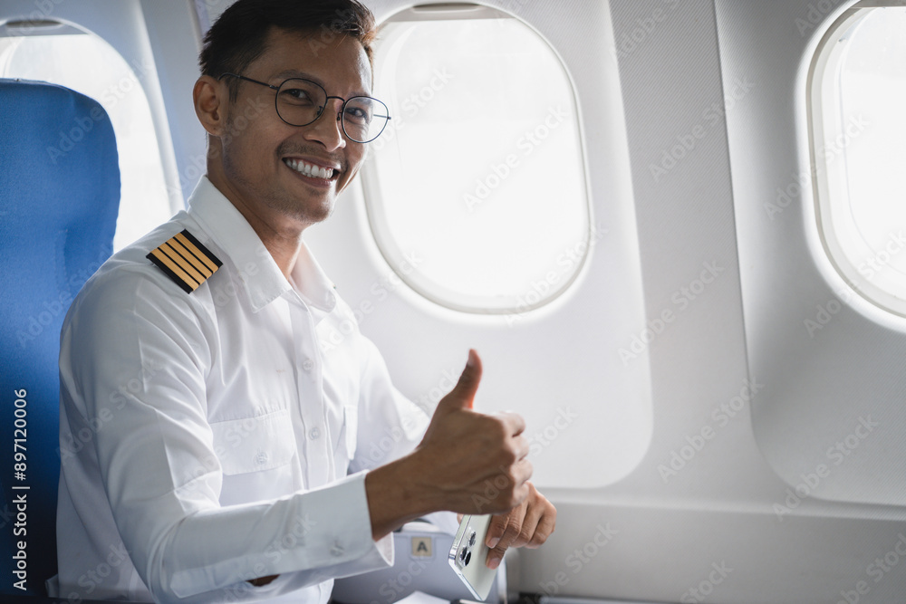 Portrait of a trained airplane captain in uniform preparing to fly in a simulator cockpit. Portrait of a trained airplane captain in uniform preparing to fly in a simulator cockpit.