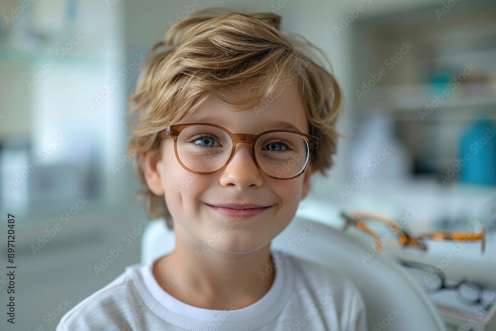 portrait of a happy little boy in transparent glasses, a patient at an ophthalmology clinic. Blurred background - modern medical office clinic portrait of a happy little boy in transparent glasses, a patient at an ophthalmology clinic. Blurred background - modern medical office clinic