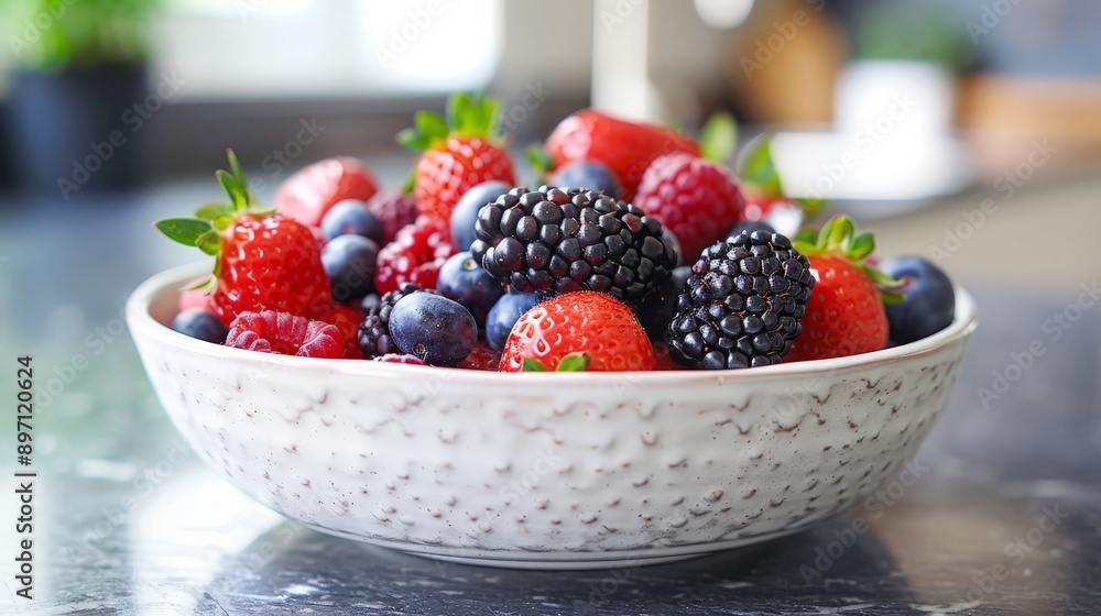 A bowl of fresh berries on a kitchen counter A bowl of fresh berries on a kitchen counter