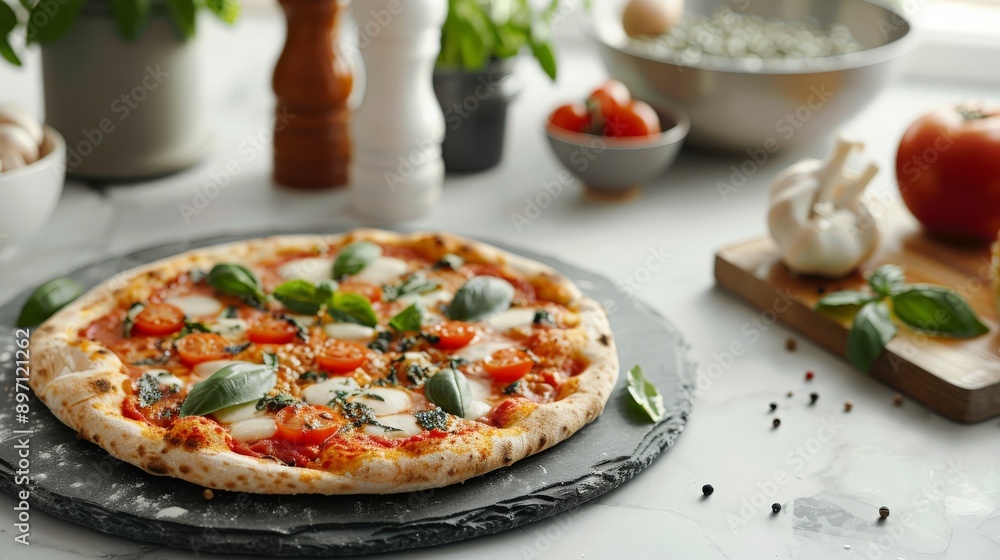 Close-up of a Pizza with Cherry Tomatoes, Mozzarella, and Basil on a Black Slate Plate Close-up of a Pizza with Cherry Tomatoes, Mozzarella, and Basil on a Black Slate Plate