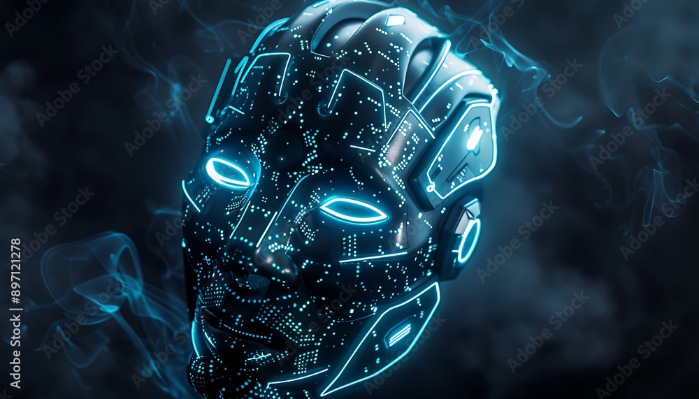 A futuristic cyberpunk mask with glowing LED patterns and intricate details, set against a dark, isolated background, highlighting advanced tech and fashion. A futuristic cyberpunk mask with glowing LED patterns and intricate details, set against a dark, isolated background, highlighting advanced tech and fashion.