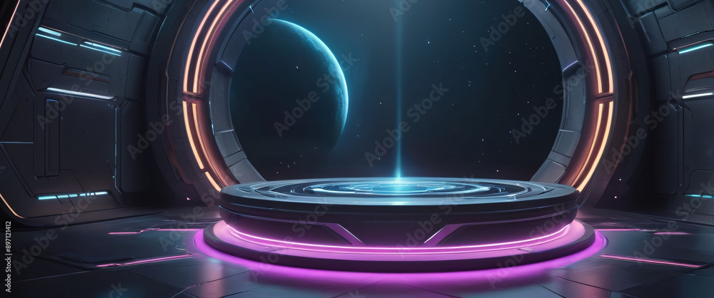 futuristic portal science fiction podium pedestal platform modern empty cyberpunk podium mockup space background futuristic portal science fiction podium pedestal platform modern empty cyberpunk podium mockup space background