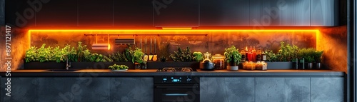 Futuristic kitchen with holographic recipes displayed sleek design 3D render neon accents