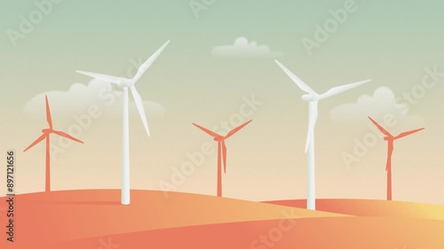Wind turbines generators pastel colored, flat style animation