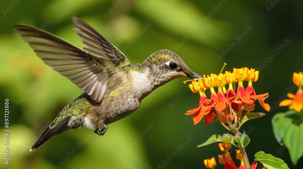 Fototapeta premium A hummingbird drinks nectar from an orange flower.