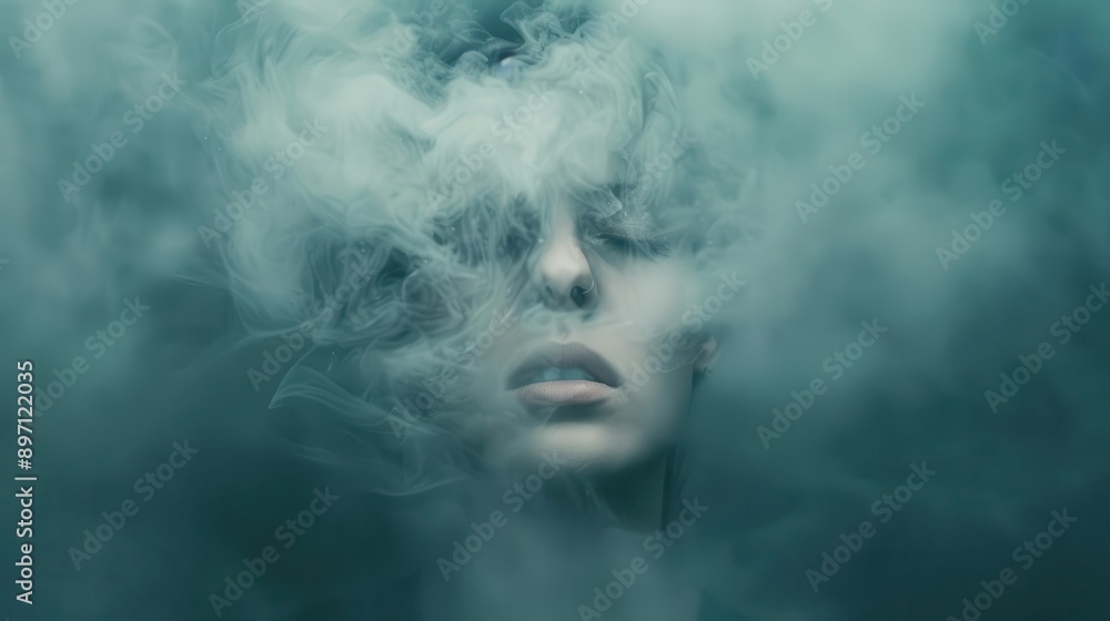 surreal portrait of a woman with her head enveloped in a swirling mist cloud representing the foggy nature of depression and mental health struggles surreal portrait of a woman with her head enveloped in a swirling mist cloud representing the foggy nature of depression and mental health struggles