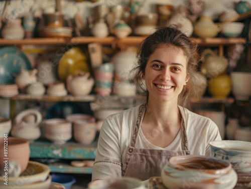 A woman smiles in a pottery shop