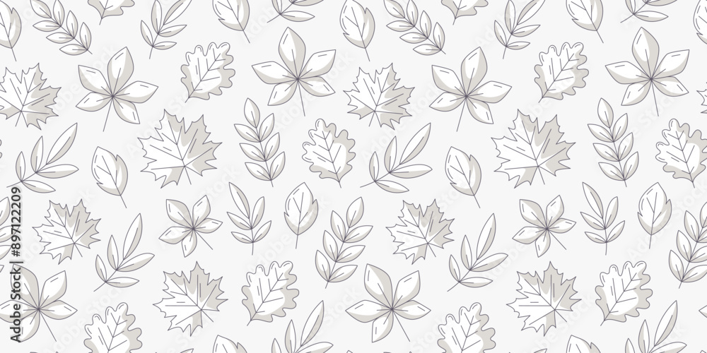 Vector monochrome autumn natural seamless pattern with maple, oak, chestnut, rowan, aspen leaves. Isolated background. Fall endless backdrop. For fabric, paper, textile, gift wrap, cover or wallpaper Vector monochrome autumn natural seamless pattern with maple, oak, chestnut, rowan, aspen leaves. Isolated background. Fall endless backdrop. For fabric, paper, textile, gift wrap, cover or wallpaper