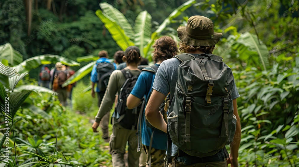 Group of friends trekking with backpacks walking in the forest. AI generated illustration Group of friends trekking with backpacks walking in the forest. AI generated illustration