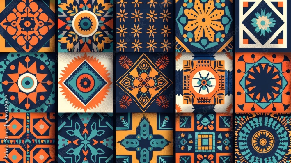 Vibrant and dazzling ethnic patterns boasting a rich color palette of orange, blue, and black Vibrant and dazzling ethnic patterns boasting a rich color palette of orange, blue, and black