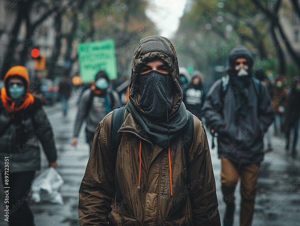Masked Protester Walking Through City Street During a Demonstration Masked Protester Walking Through City Street During a Demonstration