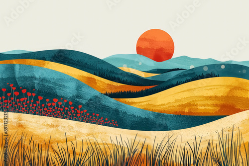 Stylized vector abstract illustration of a wheat field with flowing patterns and waves. Golden wheat in the sun's rays. rich harvest concept photo