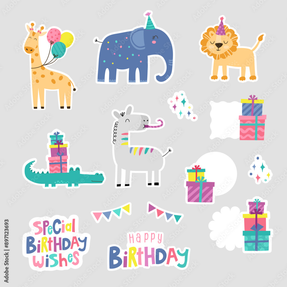 Set of birthday party design elements with cute safari animals. Set of birthday party design elements with cute safari animals.