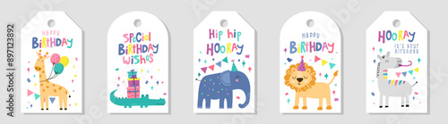 Birthday cards with cute hand drawn Safari animals, fun decorations and lettering - vector design